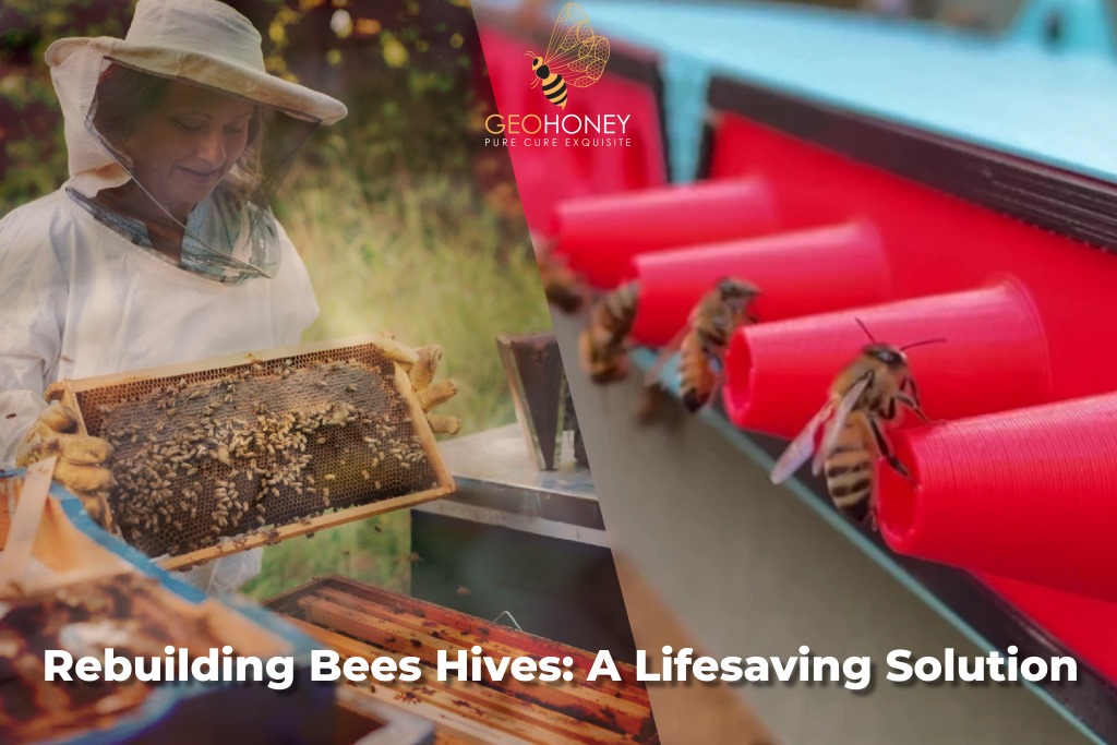 ProtectaBEE is a red device with nozzles for the hive's entrance and exit. It is designed to aid in the protection of pollinators against pests and diseases.